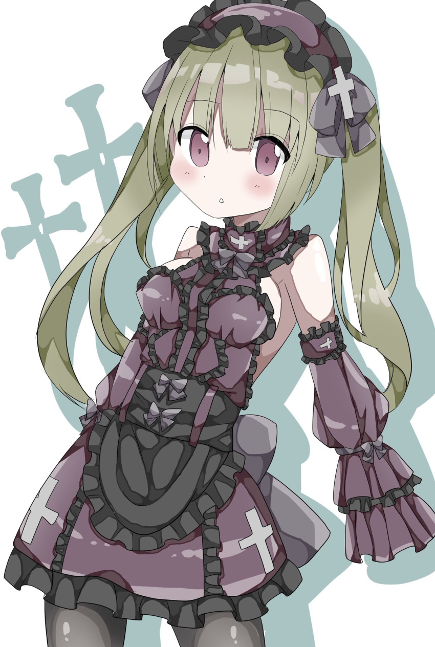 1girl :&lt; apron bangs bare_shoulders black_apron black_legwear blush bow breasts commentary_request cross detached_sleeves dress eyebrows_visible_through_hair frilled_apron frilled_dress frilled_hairband frills gothic_lolita green_hair hair_between_eyes hairband hamada_pengin highres leaning_back lolita_fashion long_hair long_sleeves looking_at_viewer medium_breasts original pantyhose parted_lips puffy_long_sleeves puffy_sleeves purple_bow purple_dress purple_hairband sleeves_past_fingers sleeves_past_wrists solo triangle_mouth twintails very_long_hair violet_eyes waist_apron white_background