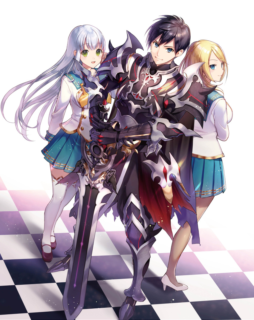 1boy 2girls :d absurdres arm_behind_back armored_boots blonde_hair blue_eyes blue_skirt boots brown_footwear checkered checkered_floor floating_hair full_body gauntlets green_eyes hand_in_hair high_heels highres holding holding_sword holding_weapon long_hair looking_at_viewer looking_back mary_janes miniskirt momoshiki_tsubaki multiple_girls open_mouth original pumps shirt shoes silver_hair simple_background skirt smile spaulders standing sword thigh-highs very_long_hair weapon white_background white_footwear white_legwear white_shirt zettai_ryouiki