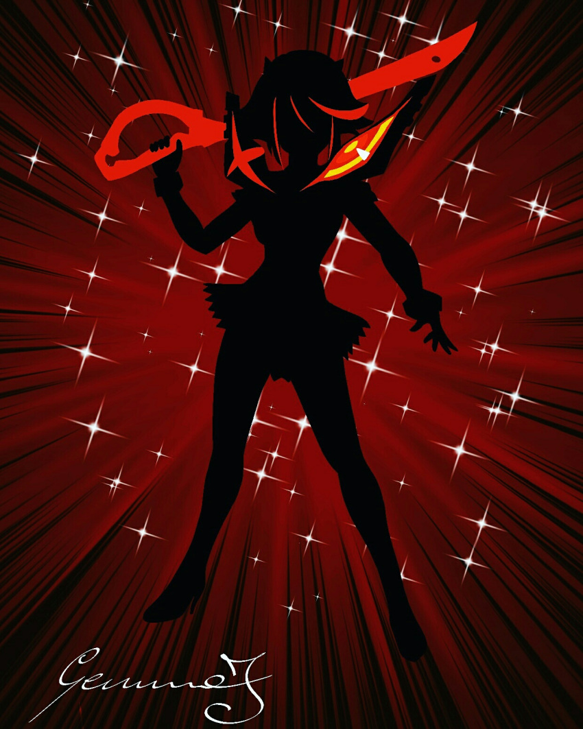 1girl emphasis_lines facing_viewer gloves high_heels highres holding holding_weapon kill_la_kill matoi_ryuuko minimalism miniskirt multicolored_hair over_shoulder red_background scissor_blade senketsu short_hair signature silhouette skirt solo sparkle standing streaked_hair two-tone_hair weapon weapon_over_shoulder