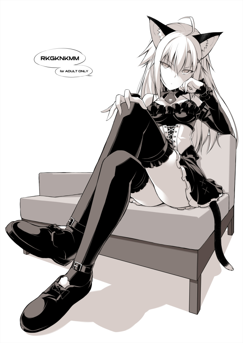 1girl ahoge animal_ears breasts bustier cat_ears chair closed_mouth cover cover_page detached_sleeves dress eyebrows_visible_through_hair foreshortening full_body greyscale hand_up highres legs_crossed long_hair long_legs long_sleeves looking_at_viewer medium_breasts monochrome oota_yuuichi original rating shoes short_dress simple_background solo thigh-highs white_background