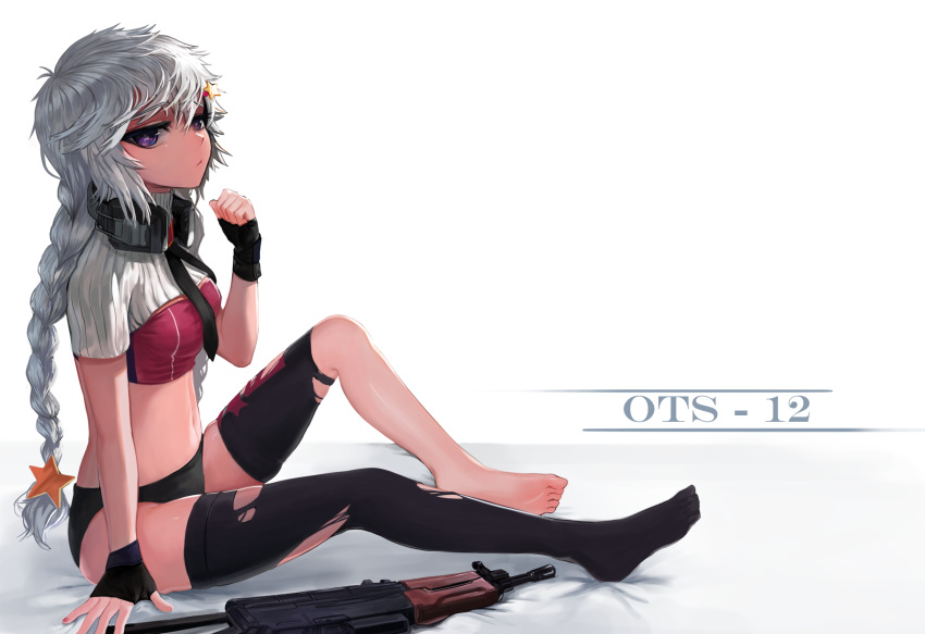 1girl :&lt; assault_rifle bangs barefoot black_buruma black_legwear black_neckwear braid breasts buruma character_name closed_mouth crop_top dokomon eyebrows_visible_through_hair fingerless_gloves fingernails from_side girls_frontline gloves gun hair_ornament hairclip headphones headphones_around_neck highres jitome knee_up long_hair looking_at_viewer looking_to_the_side medium_breasts midriff navel ots-12 ots-12_(girls_frontline) rifle shirt short_sleeves silver_hair single_braid sitting solo star star-shaped_pupils star_hair_ornament star_print stomach symbol-shaped_pupils thigh-highs torn_clothes torn_thighhighs violet_eyes weapon