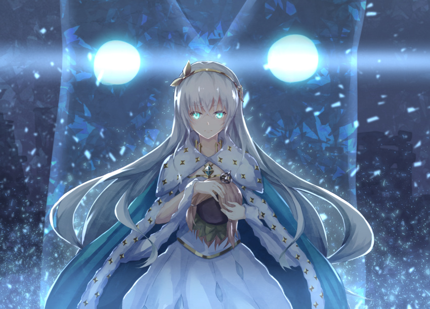 1girl anastasia_(fate/grand_order) blue_cape blue_eyes cape dress eyes fate/grand_order fate_(series) floating_hair flugel_(kaleido_scope-710) fur_trim hair_between_eyes highres holding_head long_hair looking_at_viewer silver_hair solo standing very_long_hair white_dress yellow_hairband