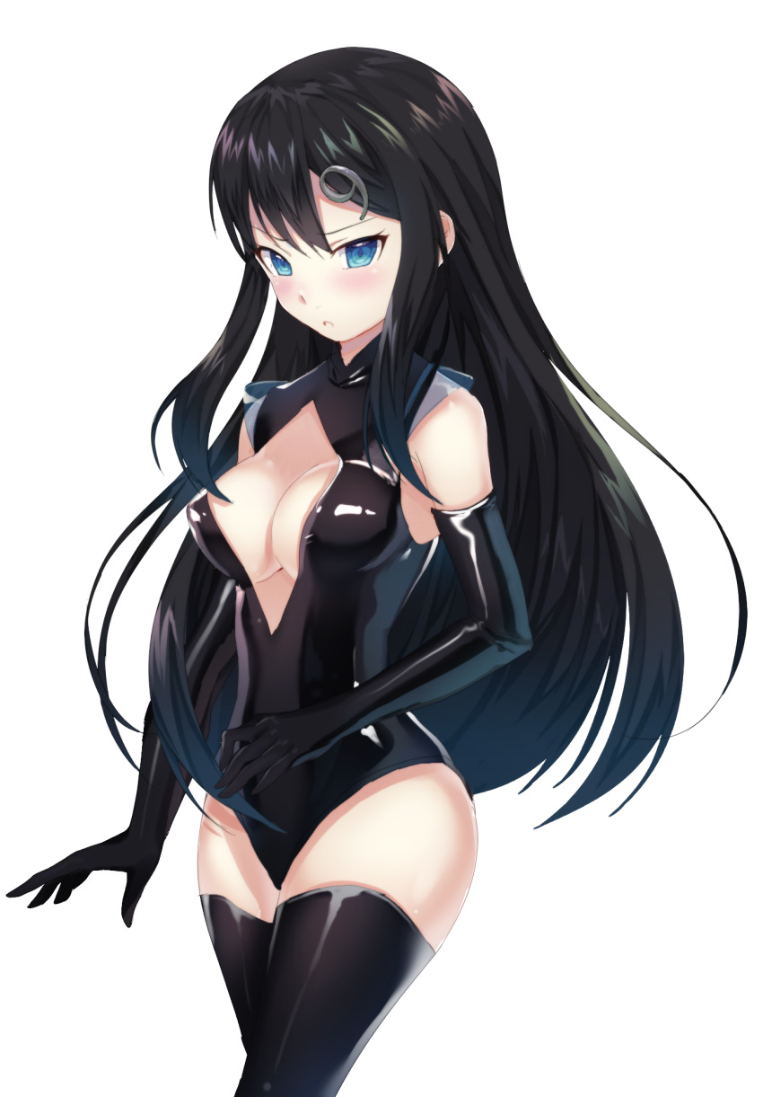 1girl 9 black_gloves black_hair black_legwear black_leotard blue_eyes blush breasts brown_hair cleavage elbow_gloves floating_hair gloves hair_ornament highres kyandii leotard long_hair looking_at_viewer medium_breasts number parted_lips personification samsung_galaxy_s9 shiny shiny_clothes simple_background solo standing thigh-highs very_long_hair white_background