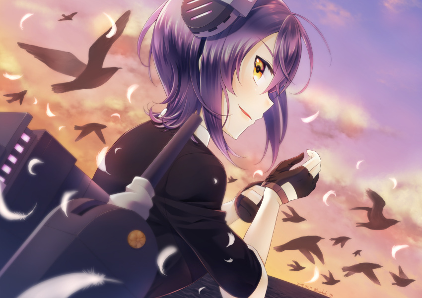 1girl bird black_gloves blush dated eyebrows_visible_through_hair eyepatch feathers fingerless_gloves from_behind gloves highres kantai_collection kotobuki_(momoko_factory) looking_at_viewer outdoors parted_lips purple_hair short_hair smile solo sunset tenryuu_(kantai_collection) twitter_username yellow_eyes