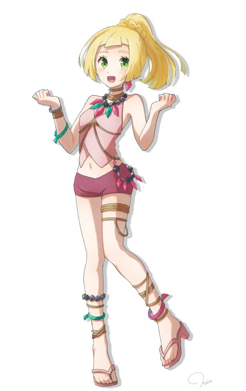1girl absurdres anklet bangle blonde_hair bracelet cosplay crop_top earrings green_eyes high_heels highres jewelry lillie_(pokemon) long_hair lychee_(pokemon) lychee_(pokemon)_(cosplay) miu_(miuuu_721) navel necklace open_mouth pink_shirt pokemon pokemon_(game) pokemon_sm ponytail purple_shorts sandals shirt short_shorts shorts simple_background sleeveless sleeveless_shirt solo white_background