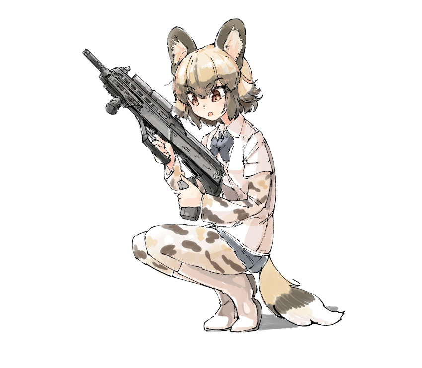 1girl african_wild_dog_(kemono_friends) african_wild_dog_print animal_ears boots bow bowtie brown_hair collared_shirt dog_ears dog_tail eyebrows_visible_through_hair full_body gun highres kemono_friends light_brown_hair long_sleeves multicolored_hair omnisucker pantyhose shirt short_hair short_sleeves solo squatting tail weapon
