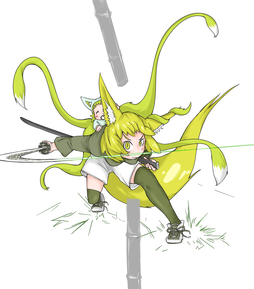 2girls absurdres animal_ears baby bamboo blonde_hair blush closed_eyes commentary_request cutting doitsuken fighting_stance fox_ears fox_tail green_legwear highres holding holding_sword holding_weapon katana legs_apart long_sleeves looking_at_viewer multiple_girls multiple_tails original pacifier prehensile_tail scabbard sheath shoes short_hair shorts simple_background slit_pupils sword tail thigh-highs unsheathed weapon white_background yellow_eyes