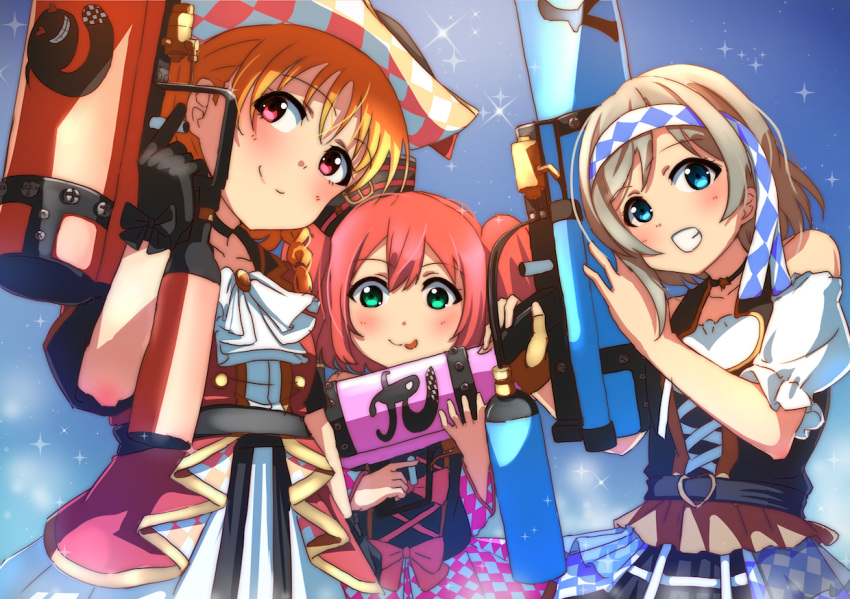 3girls :p ajapar ascot bangs black_gloves blue_background blue_eyes braid checkered commentary_request cross-laced_clothes cyaron_(love_live!) frilled_skirt frills gloves green_eyes grey_hair grin hachimaki hat headband holding_water_gun kinmirai_happy_end kurosawa_ruby looking_at_viewer love_live! love_live!_sunshine!! multiple_girls orange_hair red_eyes short_sleeves side_braid skirt smile sparkle takami_chika tongue tongue_out two_side_up watanabe_you water_gun white_neckwear