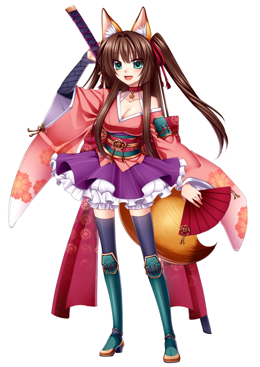 1girl :d absurdres animal_ears black_legwear blush boots breasts brown_hair choker cleavage fan folding_fan fox_ears fox_tail full_body green_eyes green_footwear hair_ribbon hand_up highres holding holding_fan holding_sword holding_weapon japanese_clothes kimono knee_boots konshin large_breasts long_hair long_sleeves looking_at_viewer obi open_mouth original purple_legwear purple_skirt red_choker red_ribbon ribbon sash sengoku_koihime simple_background skirt smile solo standing sword tail thigh-highs two_side_up weapon white_background zettai_ryouiki