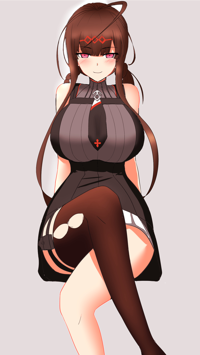 1girl ahoge arm_support arms_behind_back bangs blunt_bangs blush breasts brown_hair dress dsr-50_(girls_frontline) eyebrows_visible_through_hair feet_out_of_frame girls_frontline hair_ornament highres large_breasts legs_crossed long_hair looking_at_viewer necktie red_eyes shady sidelocks simple_background single_thighhigh sitting sleeveless sleeveless_dress smile solo thigh-highs thighs turtleneck_dress very_long_hair work_in_progress