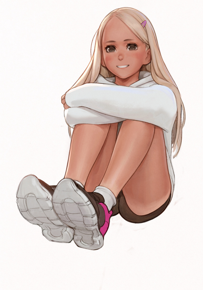 1girl absurdres bangs blonde_hair blush brown_eyes commentary english_commentary forehead grey_background hair_ornament hairclip highres huge_filesize leg_hug long_hair long_sleeves looking_at_viewer luimiart original parted_bangs shoes short_shorts shorts sitting sleeves_past_fingers smile sneakers socks solo sweater white_legwear