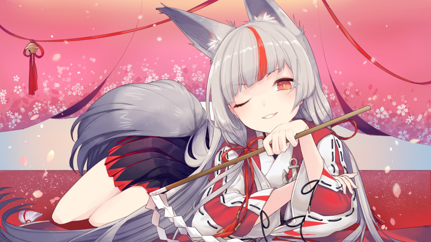 1girl animal_ears artist_request azur_lane bell cherry_blossoms gohei grey_hair grin hand_on_own_chin highres japanese_clothes kamikaze_(azur_lane) long_hair lying miko one_eye_closed orange_eyes petals smile solo tail