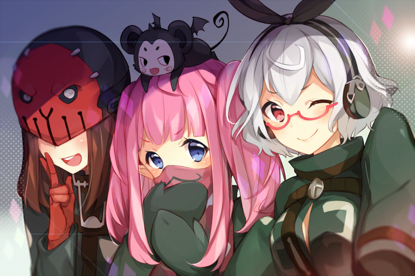 3girls :d ;) bangs black_ribbon blue_eyes blush breasts brown_hair closed_mouth creature eyebrows_visible_through_hair face_mask gloves green_jacket green_mittens hair_between_eyes hair_ribbon headphones helmet jacket last_period leafwow long_hair long_sleeves looking_at_viewer mask medium_breasts mittens multiple_girls on_head one_eye_closed open_mouth pink_hair pointy_ears red-framed_eyewear red_eyes red_gloves ribbon semi-rimless_eyewear sidelocks silver_hair sleeves_past_fingers sleeves_past_wrists smile twintails under-rim_eyewear upper_teeth v