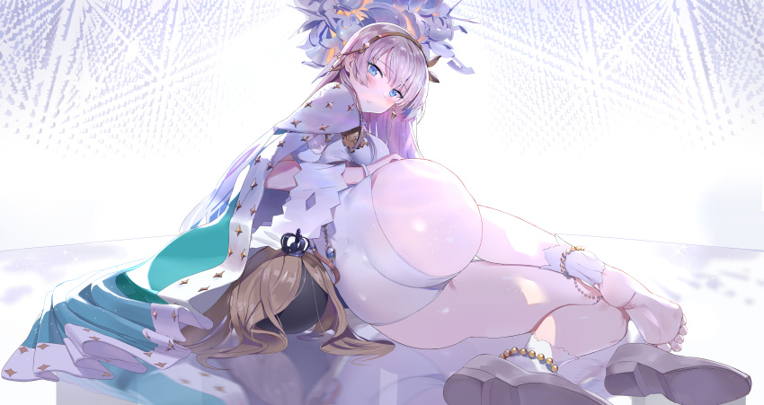 1girl absurdres anastasia_(fate/grand_order) anklet ass bangs barefoot blue_eyes blush breasts cape doll earrings fate/grand_order fate_(series) highres jewelry long_hair looking_at_viewer lying on_side red_headband royal_robe shoe_removed silver_hair solo ssamjang_(misosan) very_long_hair