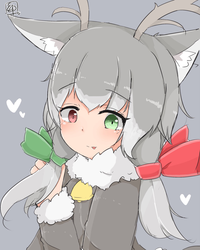 1girl :p animal_ears antlers bell bell_collar collar commentary_request eyebrows_visible_through_hair fur_collar fur_trim green_eyes grey_hair hair_ribbon heart heterochromia highres kemono_friends kokuin long_sleeves red_eyes reindeer_(kemono_friends) reindeer_antlers reindeer_ears ribbon short_hair solo tongue tongue_out upper_body