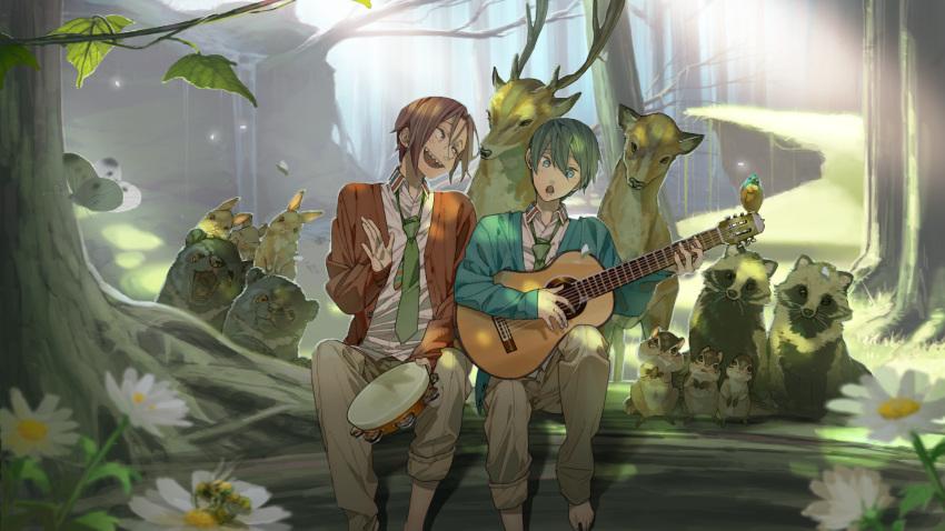 2boys acoustic_guitar alternate_costume aqua_cardigan aqua_eyes bangs barefoot bear bee bird black_hair blurry blush brown_pants bug butterfly cardigan chipmunk cliff collared_shirt commentary_request daisy dappled_sunlight day deer depth_of_field dress_shirt flower forest free! grass green_neckwear guitar hair_between_eyes hana_bell_forest head_tilt highres holding holding_instrument insect instrument light_rays long_sleeves looking_at_another loose_necktie male_focus matsuoka_rin multiple_boys music nanase_haruka_(free!) nature necktie open_cardigan open_clothes open_mouth orange_cardigan outdoors pants parted_bangs playing_instrument rabbit raised_eyebrows red_eyes redhead sharp_teeth shirt singing sitting squirrel sunbeam sunlight tambourine tanuki teeth tree tree_shade under_tree white_flower white_shirt wing_collar