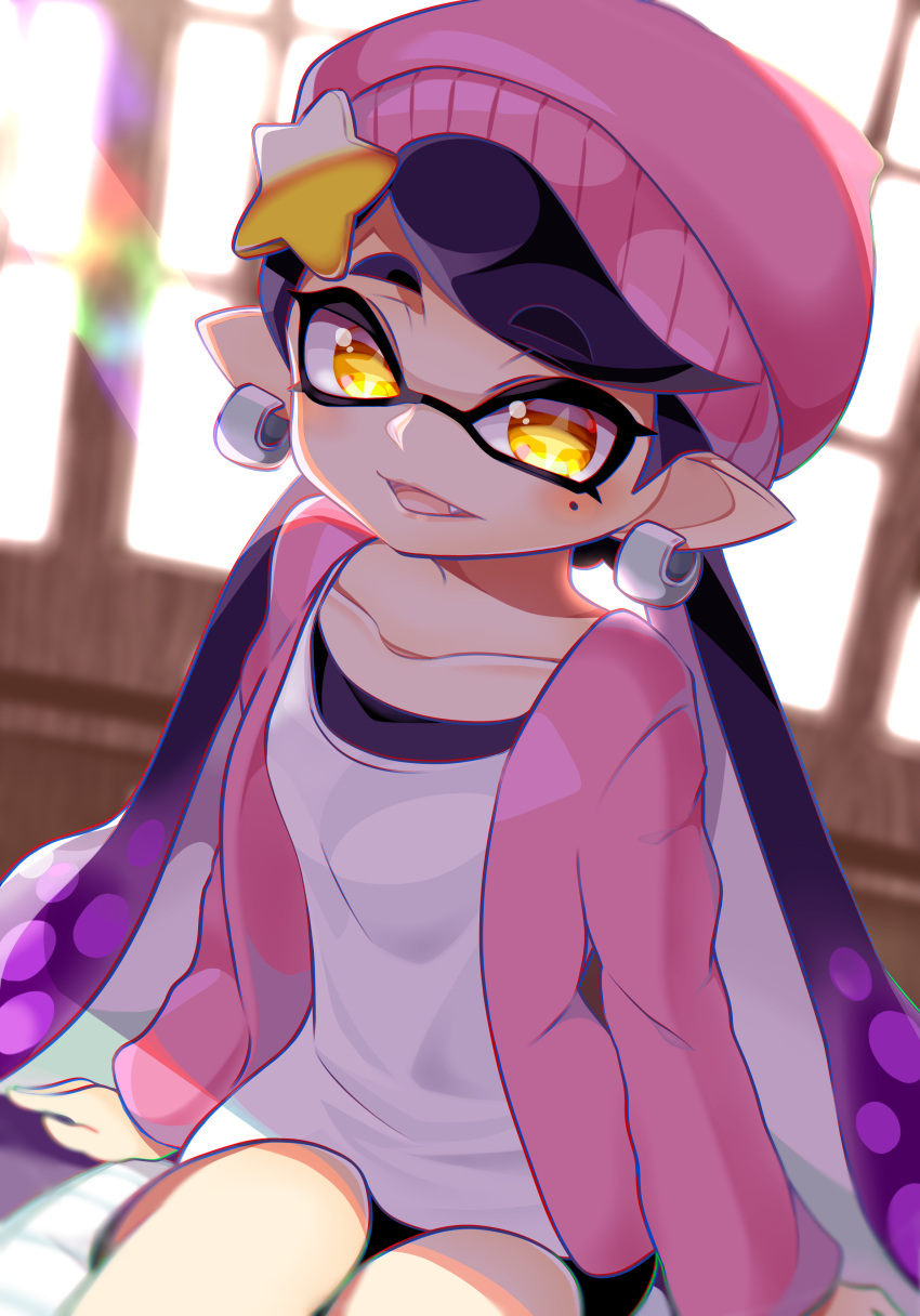 +_+ 1girl absurdres ao_hito aori_(splatoon) beanie earrings eyes_visible_through_hair fang hair_ornament hat highres jacket jewelry looking_at_viewer mole mole_under_eye open_mouth pink_jacket pointy_ears purple_hair sitting smile solo splatoon splatoon_2 symbol-shaped_pupils tentacle_hair window yellow_eyes