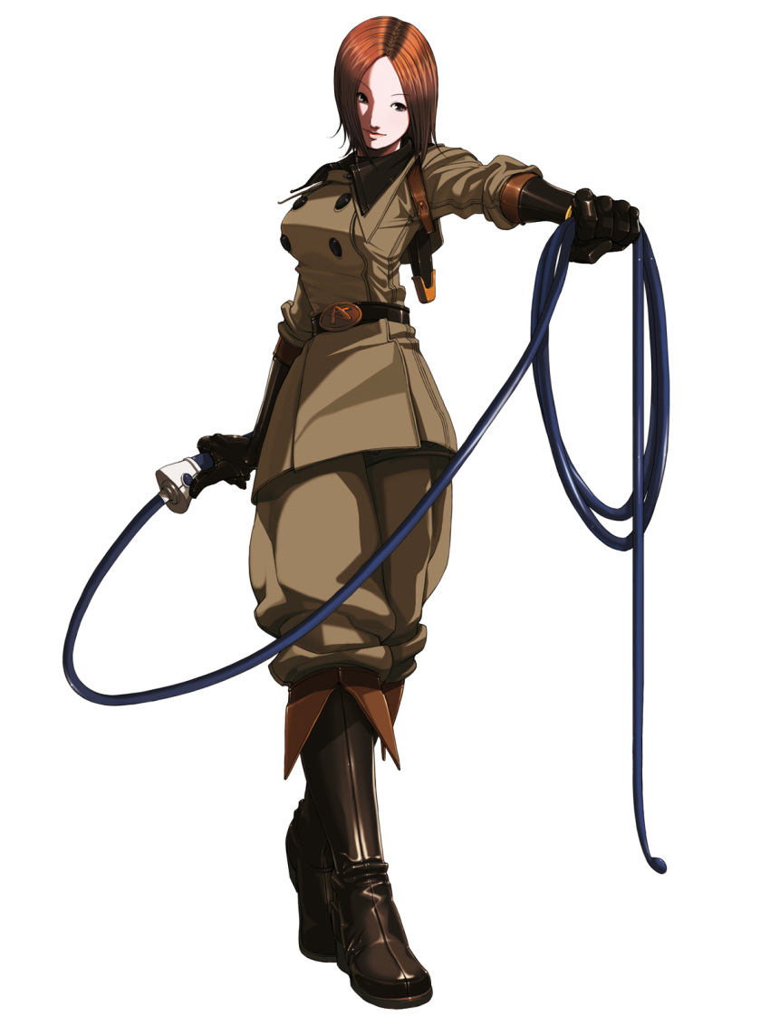 1girl belt boots brown_hair closed_mouth falcoon female full_body gloves highres holding holding_whip king_of_fighters king_of_fighters_2003 knee_boots kof_2k3 military_uniform official_art simple_background snk solo standing uniform whip whip_(kof) white_background
