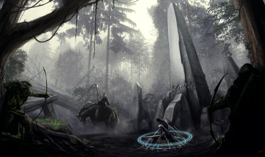 bow bow_(weapon) forest highres horse magic_circle nature obelisk okita robe staff sword tree weapon