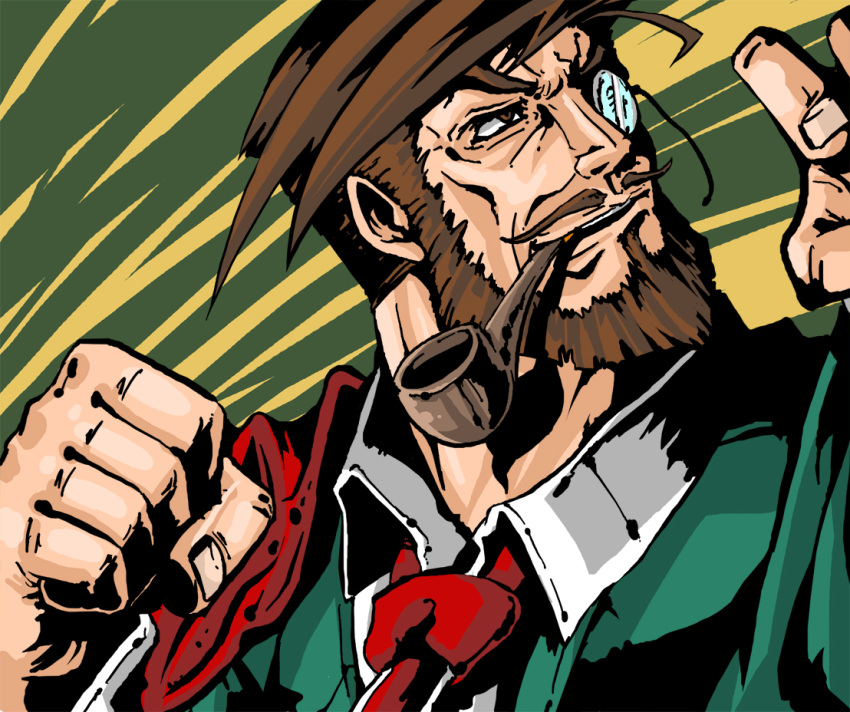 beard brown_eyes brown_hair clenched_hand facial_hair fist guilty_gear male manly monocle mustache necktie pipe slayer slayer_(guilty_gear) smile solo suparu_(detteiu) suparu_(pixiv1285501)