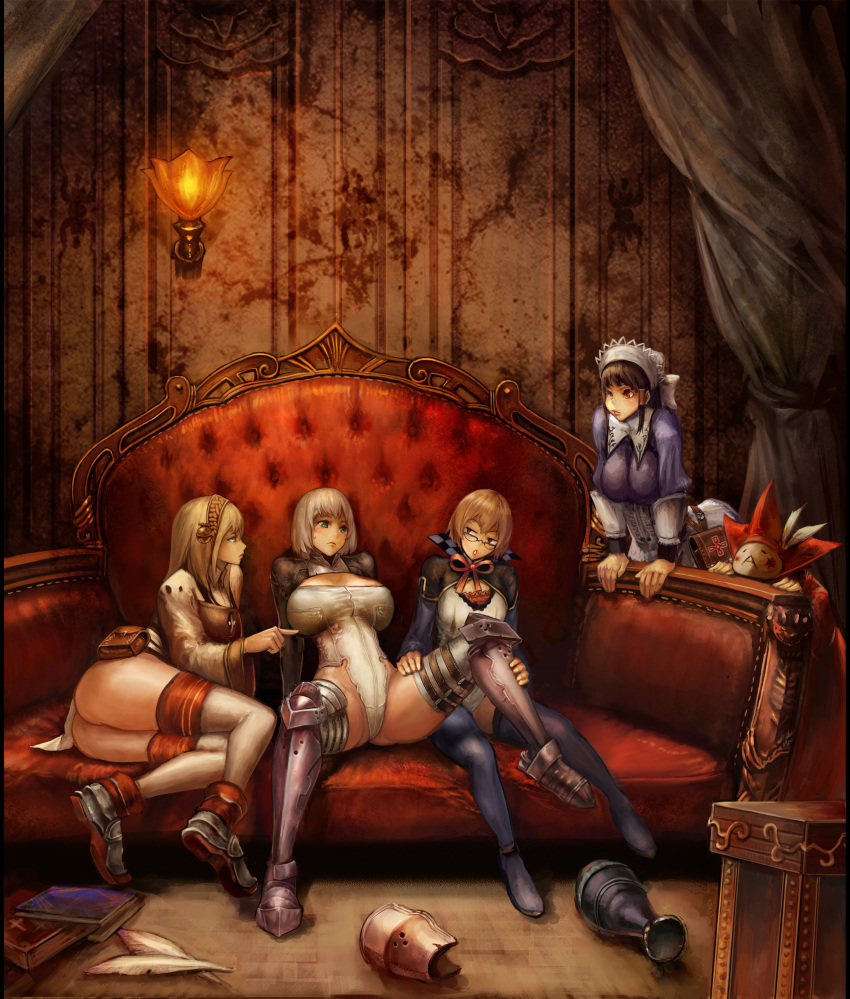 absurdres armor ass bad_id blonde_hair book breasts brown_hair couch curtains fantasy_earth_zero feathers glasses green_eyes highres hourglass_figure huge_breasts lamp large_breasts legs leotard maid multiple_girls n.a. pouch red_eyes thighhighs