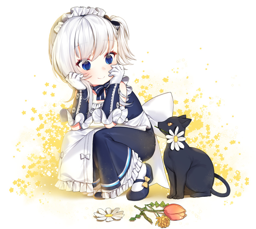 1girl absurdres animal apron arm_support azur_lane bangs belfast_(azur_lane) black_cat blue_bow blue_dress blue_eyes blue_footwear blush bow cat closed_eyes closed_mouth collarbone commentary_request dress flower flower_in_mouth frilled_apron frilled_dress frills gloves hair_bow highres ia_(ias1010) long_hair looking_away looking_to_the_side maid_headdress mary_janes mouth_hold one_side_up pantyhose pink_flower shoes silver_hair sleeveless sleeveless_dress smile solo squatting striped striped_bow white_apron white_background white_flower white_gloves white_legwear yellow_flower younger