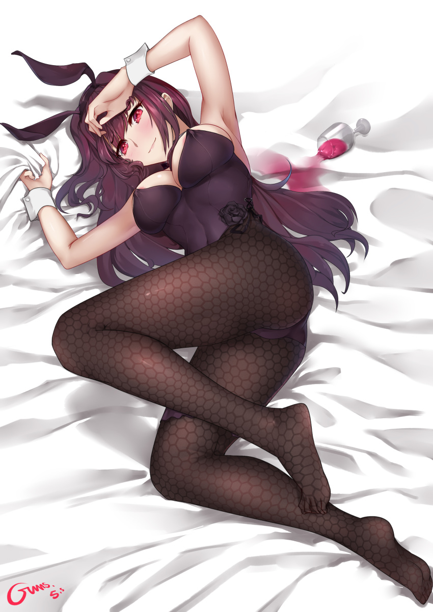 1girl absurdres animal_ears black_legwear blush breasts bunny_girl bunnysuit cup drinking_glass fate/grand_order fate_(series) full_body gins highres honeycomb_(pattern) large_breasts leotard long_hair lying no_shoes on_side pantyhose purple_hair purple_leotard rabbit_ears red_eyes scathach_(fate/grand_order) signature smile solo wine_glass wrist_cuffs