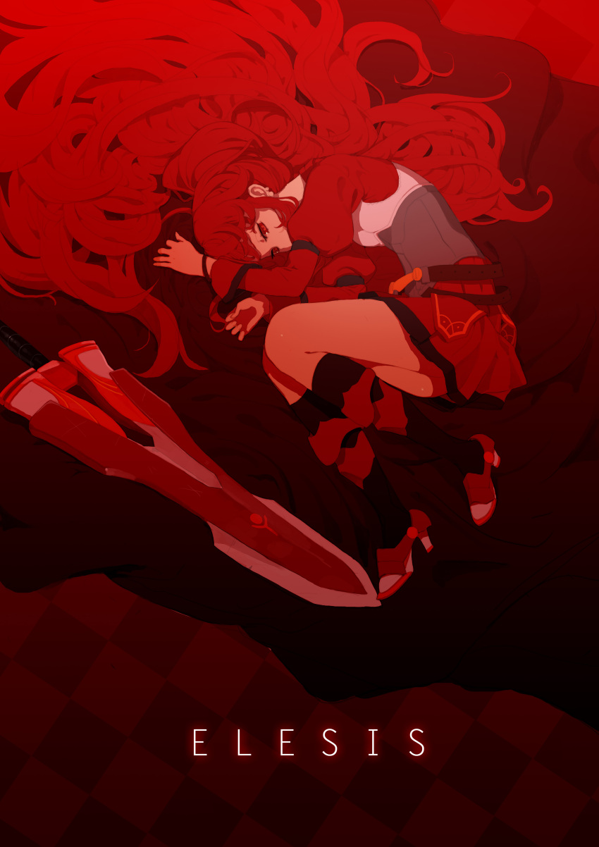 1girl absurdres argyle argyle_background bangs black_legwear character_name commentary doremi elesis_(elsword) elsword english_commentary fetal_position hair_spread_out high_heels highres juliet_sleeves long_hair long_sleeves lying on_side puffy_sleeves red red_eyes red_skirt redhead skirt socks solo sword very_long_hair weapon