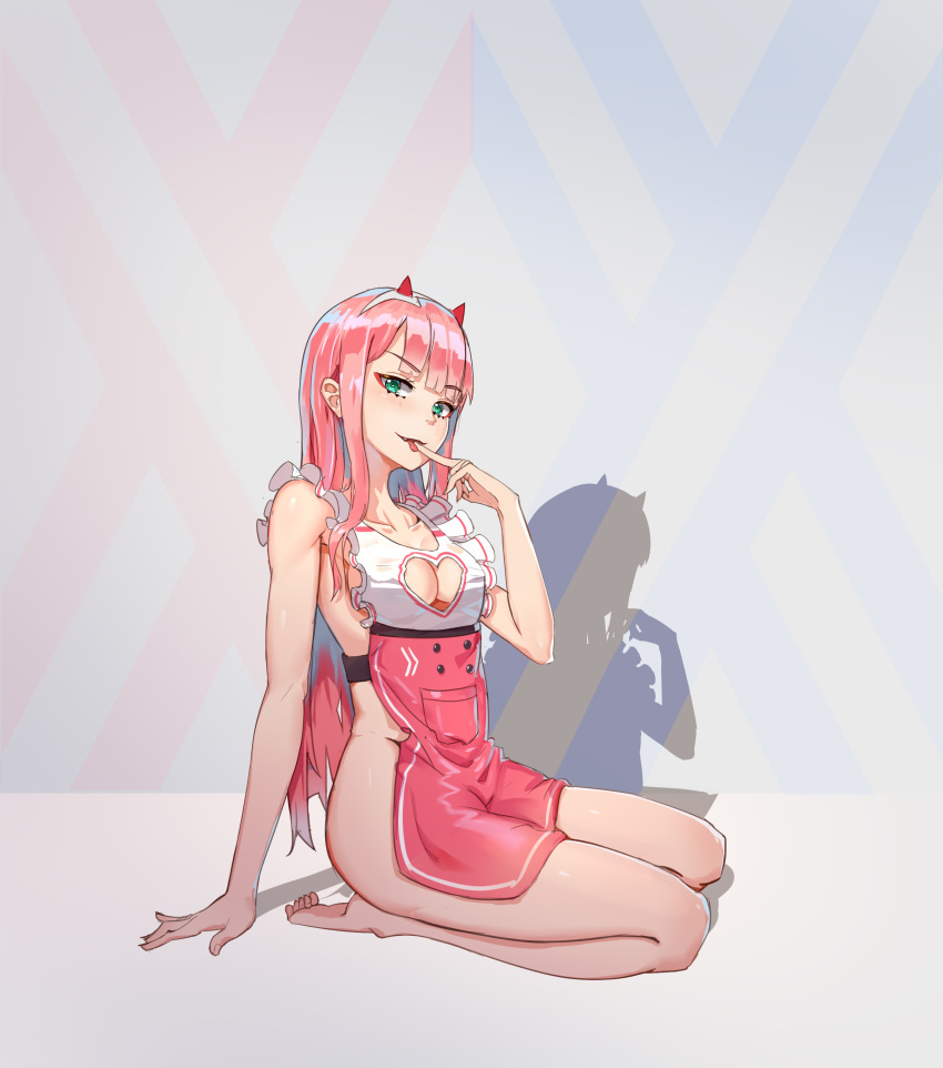1girl absurdres apron ass bangs bare_legs barefoot breasts cleavage cleavage_cutout darling_in_the_franxx eyeshadow fang female finger_to_mouth finger_to_tongue full_body green_eyes hairband heart_cutout highres horns long_hair looking_at_viewer makeup medium_breasts naked_apron pink_hair red_horns seiza shadow sitting solo tongue very_long_hair white_hairband wind_gone_rain_cease zero_two_(darling_in_the_franxx)