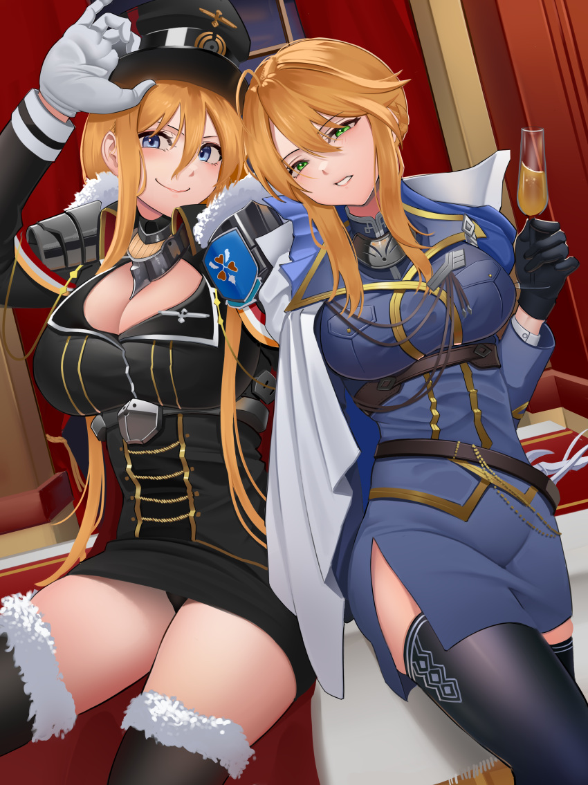 absurdres artoria_pendragon_(all) artoria_pendragon_(lancer)_(fate) azur_lane bismarck_(azur_lane) blonde_hair blue_eyes breasts cape cup drinking_glass fate/grand_order fate_(series) formal gloves green_eyes harris_hero hat highres large_breasts military military_uniform thigh-highs uniform wine_glass