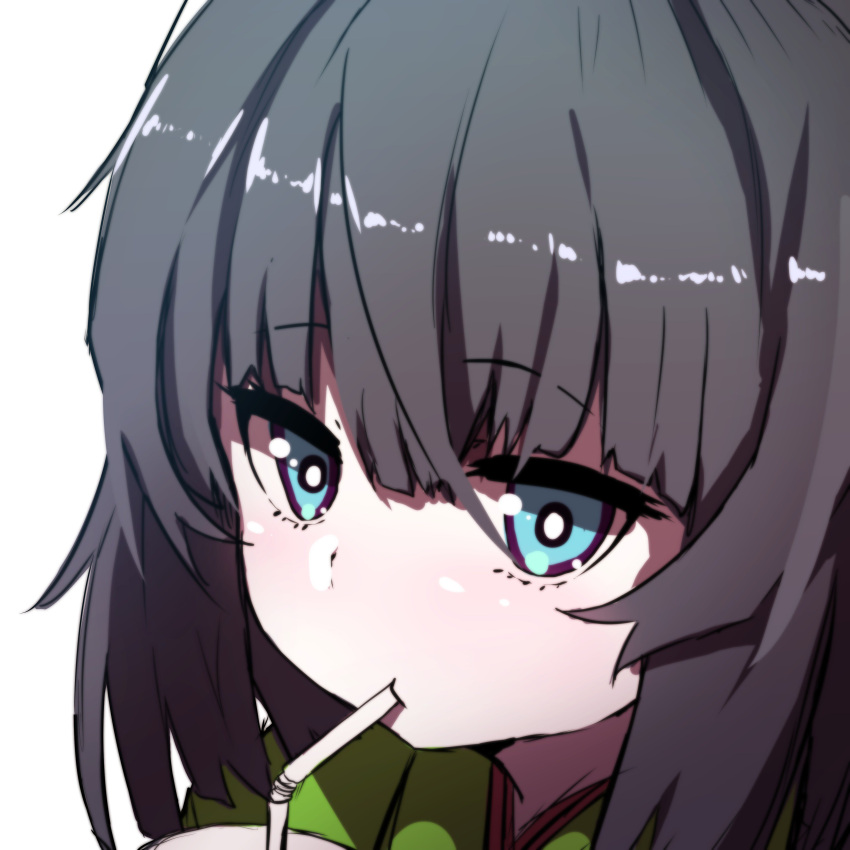 1girl absurdres bangs bendy_straw black_hair blue_eyes blush closed_mouth commentary_request copyright_request drinking drinking_straw eyebrows_visible_through_hair face hair_between_eyes highres long_hair looking_at_viewer protected_link simple_background solo wada_kazu white_background
