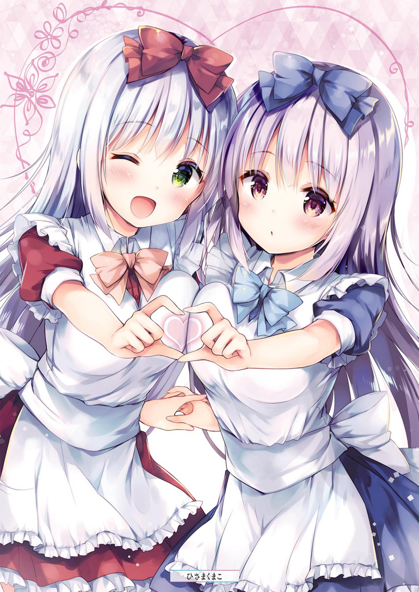 2girls ;d airi_(alice_or_alice) alice_or_alice apron argyle argyle_background artist_name blue_bow blue_neckwear blue_shirt blue_skirt blush bow bowtie breast_press brown_eyes cowboy_shot floating_hair frilled_apron frilled_skirt frills green_eyes hair_bow hand_holding heart heart_hands heart_hands_duo highres hisama_kumako long_hair multiple_girls one_eye_closed open_mouth parted_lips red_bow red_shirt red_skirt rise_(alice_or_alice) shirt short_sleeves silver_hair skirt smile standing symmetrical_docking very_long_hair white_apron