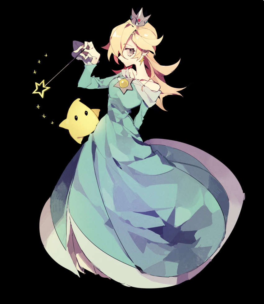 1girl bare_shoulders blonde_hair blue_eyes chiko_(mario) crown dress earrings hair_over_one_eye higa423 highres jewelry long_hair looking_at_viewer super_mario_bros. rosetta_(mario) simple_background solo star super_mario_bros. super_mario_galaxy wand