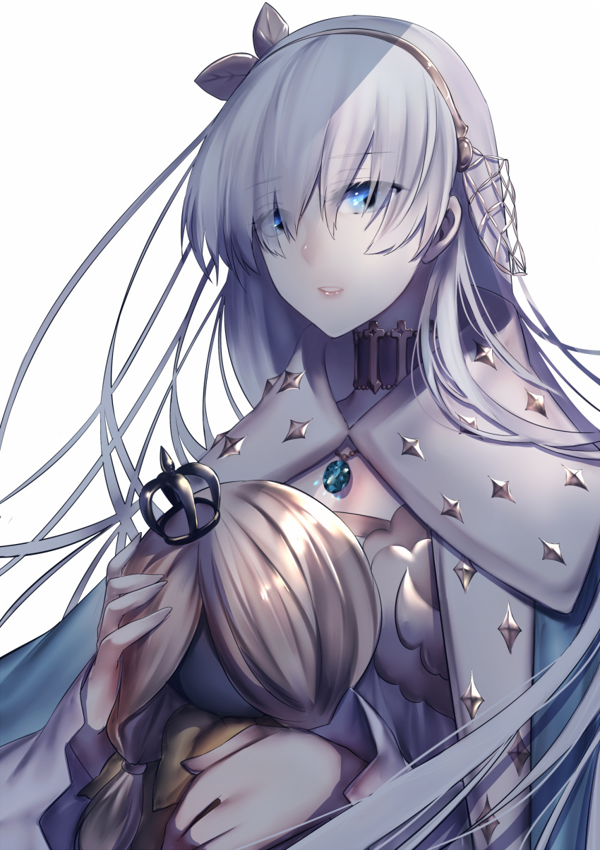 1girl anastasia_(fate/grand_order) bangs blue_eyes choker eyebrows_visible_through_hair eyes_visible_through_hair fate/grand_order fate_(series) floating_hair grey_hairband hair_between_eyes hair_over_one_eye highres holding_head jewelry long_hair looking_at_viewer necklace parted_lips rahato silver_hair simple_background solo upper_body very_long_hair white_background