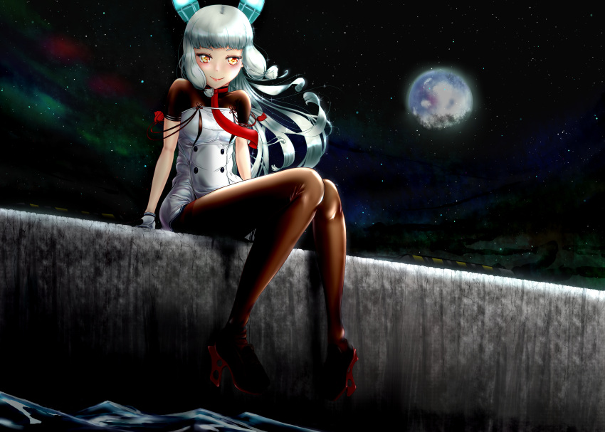 1girl absurdres bangs black_legwear blush boots breasts dock dress floating_hair gloves hair_ribbon headgear high_heel_boots high_heels highres kantai_collection knees_together_feet_apart lipstick long_hair looking_at_viewer makeup moon murakumo_(kantai_collection) necktie night night_sky nipple_cutout ocean okota_(pixiv) orange_eyes pantyhose red_neckwear remodel_(kantai_collection) ribbon rudder_shoes short_dress short_sleeves sidelocks silver_hair sitting sky small_breasts smile solo sparkle star_(sky) starry_sky strapless strapless_dress tassel thick_eyebrows thighband_pantyhose tress_ribbon turtleneck water wind wind_lift