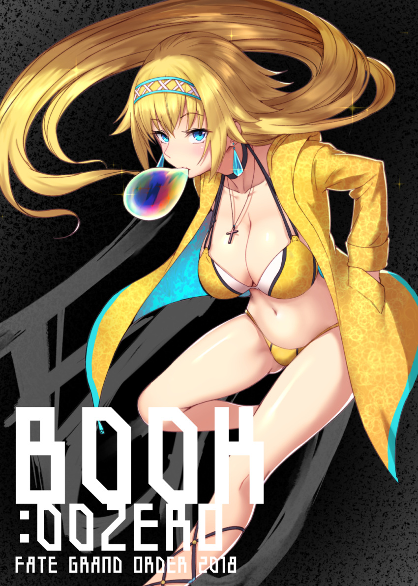 1girl 2018 bangs bikini black_choker blonde_hair blue_eyes blush breasts bubble_blowing choker cleavage coat collarbone commentary commentary_request copyright_name cover cover_page cross cross_necklace doujin_cover earrings eyebrows_visible_through_hair fate/apocrypha fate/grand_order fate_(series) floating_hair hair_between_eyes hair_flaps hairband hand_in_pocket highres hood hood_down hooded_jacket jacket jeanne_d'arc_(fate) jeanne_d'arc_(fate)_(all) jewelry large_breasts latin_cross leg_up long_hair long_sleeves looking_at_viewer navel necklace open_clothes open_coat open_jacket revision sawawse sidelocks solo sparkle swimsuit thighs very_long_hair yellow_bikini yellow_jacket