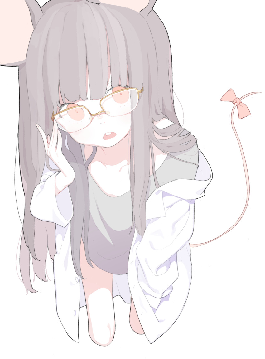 1girl absurdres adjusting_eyewear animal_ears bangs blunt_bangs bow camisole cowboy_shot cropped_legs doremi fingernails grey_hair hand_in_pocket hand_up highres labcoat leaning_forward long_hair long_sleeves looking_at_viewer mouse_ears mouse_tail open_mouth original over-rim_eyewear red_bow red_eyes semi-rimless_eyewear simple_background solo tail tail_bow upper_teeth white_background yellow-framed_eyewear