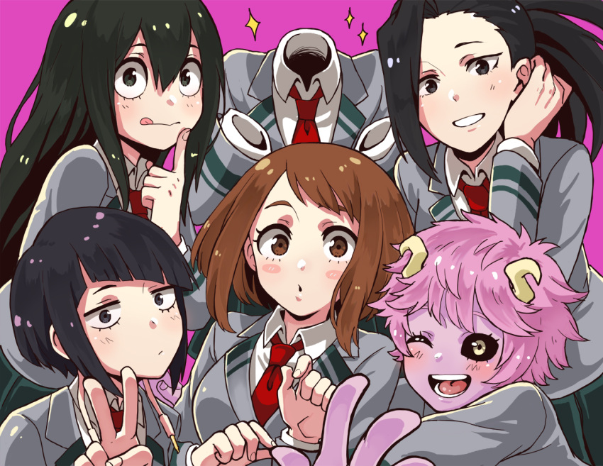 6+girls ashido_mina asui_tsuyu black_hair black_sclera blue_hair blush_stickers boku_no_hero_academia brown_hair hagakure_tooru horns index_finger_raised invisible jirou_kyouka looking_at_viewer monotsuki multiple_girls one_eye_closed pink_background pink_hair pink_skin red_neckwear school_uniform serafuku simple_background smile sparkle uraraka_ochako v yaoyorozu_momo