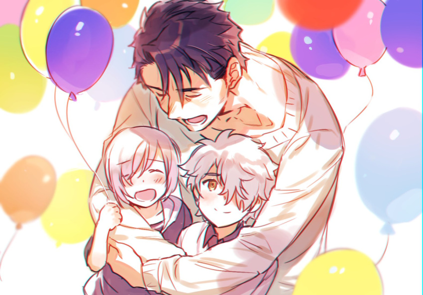 1girl 2boys balloon blush casual closed_eyes closed_mouth eyebrows_visible_through_hair family fate/grand_order fate_(series) father_and_daughter father_and_son galahad_(fate) grand_dobu hair_between_eyes holding_balloon hug hug_from_behind lancelot_(fate/grand_order) mash_kyrielight multiple_boys one_eye_covered open_mouth purple_hair short_hair smile yellow_eyes