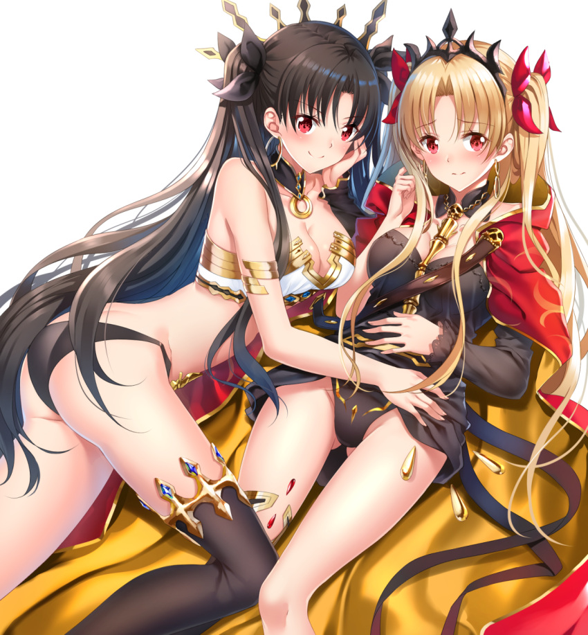 2girls arm_support asymmetrical_legwear asymmetrical_sleeves bangs bare_shoulders between_breasts black_bow black_dress black_legwear black_panties blonde_hair blush bow breasts brown_hair cape cleavage closed_mouth collarbone commentary_request dress earrings ereshkigal_(fate/grand_order) eyebrows_visible_through_hair fate/grand_order fate_(series) fingernails groin hair_bow highres hood hood_down hooded_cape infinity ishtar_(fate/grand_order) jewelry large_breasts long_hair long_sleeves looking_at_viewer lying multicolored multicolored_cape multicolored_clothes multiple_girls on_back on_side panties parted_bangs red_bow red_cape red_eyes revealing_clothes simple_background single_detached_sleeve single_sleeve single_thighhigh skull smile spine swordsouls thigh-highs tiara tohsaka_rin two_side_up underwear very_long_hair white_background yellow_cape