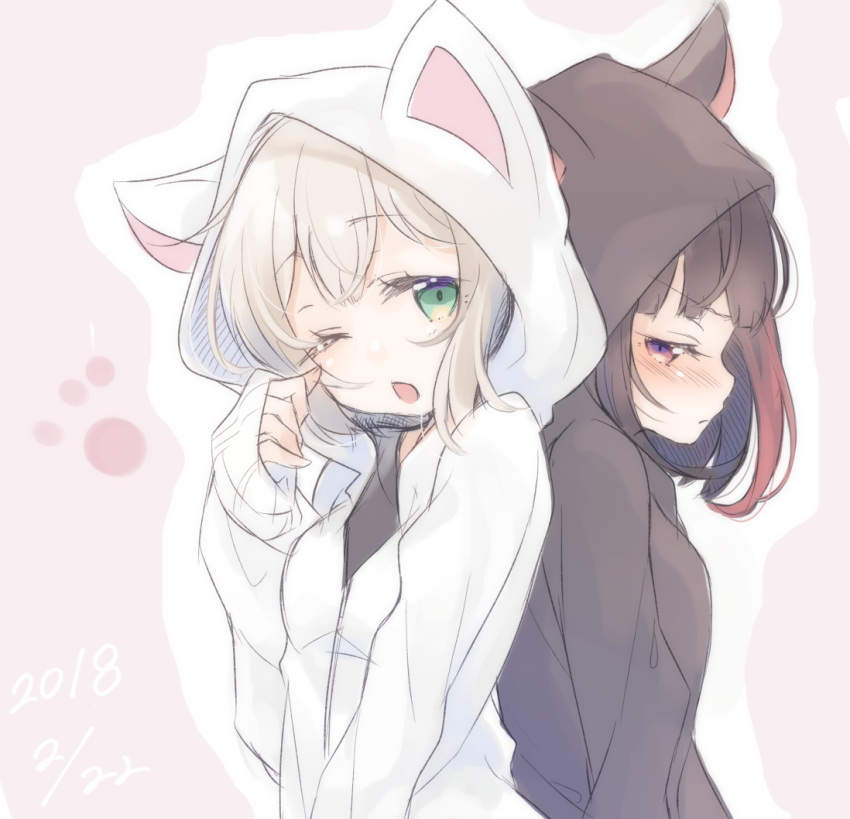 2girls ;o animal_hood back-to-back bang_dream! bangs black_jacket blush cat_hood dated green_eyes grey_hair half-closed_eyes hood hood_up hooded_jacket jacket looking_at_viewer multicolored_hair multiple_girls nekotemari okusawa_misaki one_eye_closed outline paw_pose pink_background redhead rubbing_eyes short_hair sleeves_past_wrists streaked_hair tsurumaki_kokoro upper_body violet_eyes white_jacket white_outline