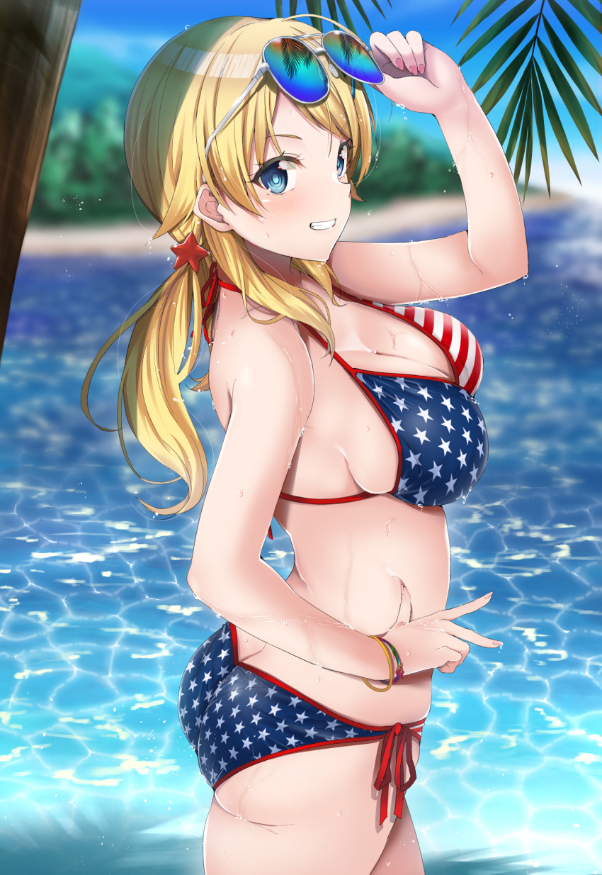 1girl adjusting_eyewear ahoge amekasaikuta american_flag_bikini ass bangs beach bikini blurry blurry_background blush bracelet breasts butt_crack cleavage commentary_request fingernails flag_print grin hachimiya_meguru highres idolmaster idolmaster_shiny_colors jewelry long_hair medium_breasts nail_polish ocean outdoors palm_tree side-tie_bikini smile solo standing sunglasses swimsuit tree wet