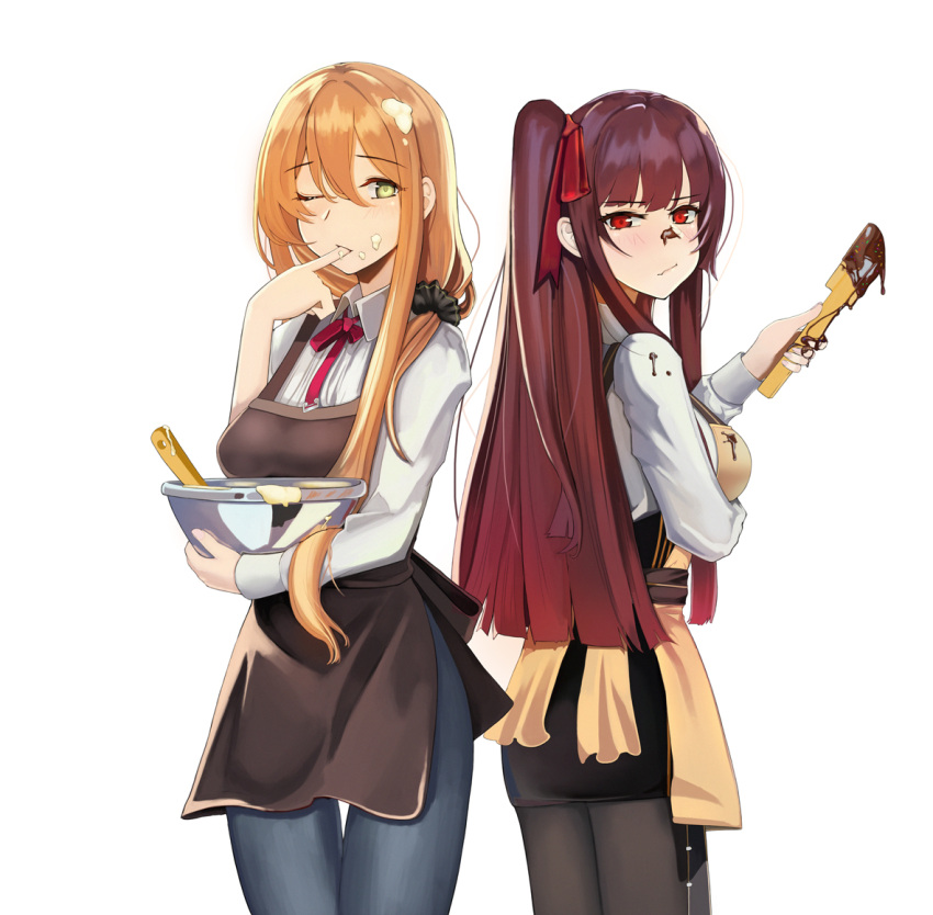 2girls alternate_costume apron bad_id bad_pixiv_id bangs black_legwear blush bowl breasts brown_hair cake_batter casual chocolate chocolate_on_face collared_shirt commentary cream cream_on_face embarrassed eyebrows_visible_through_hair finger_licking food food_on_face girls_frontline green_eyes hair_between_eyes hair_over_shoulder hair_ribbon holding holding_bowl large_breasts licking long_hair long_sleeves looking_at_viewer low-tied_long_hair m1903_springfield_(girls_frontline) mixing mixing_bowl multiple_girls one_eye_closed one_side_up pants pantyhose purple_hair red_eyes red_neckwear revision ribbon scrunchie shirt sidelocks simple_background skirt smile spatula tsundere tsurime very_long_hair wa2000_(girls_frontline) wavy_mouth white_background xzzcz01