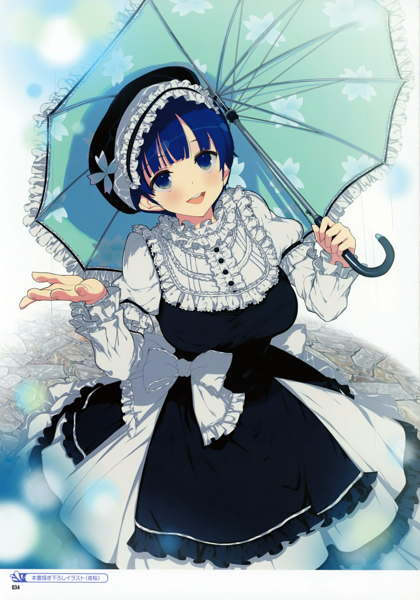 1girl absurdres aqua_eyes bangs beret blue_hair blush breasts buttons detached_sleeves dress fingernails floral_print frills hat highres holding huge_filesize large_breasts long_sleeves official_art open_mouth page_number scan senran_kagura senran_kagura_(series) senran_kagura_peach_beach_splash short_hair smile solo umbrella yaegashi_nan yozakura_(senran_kagura)