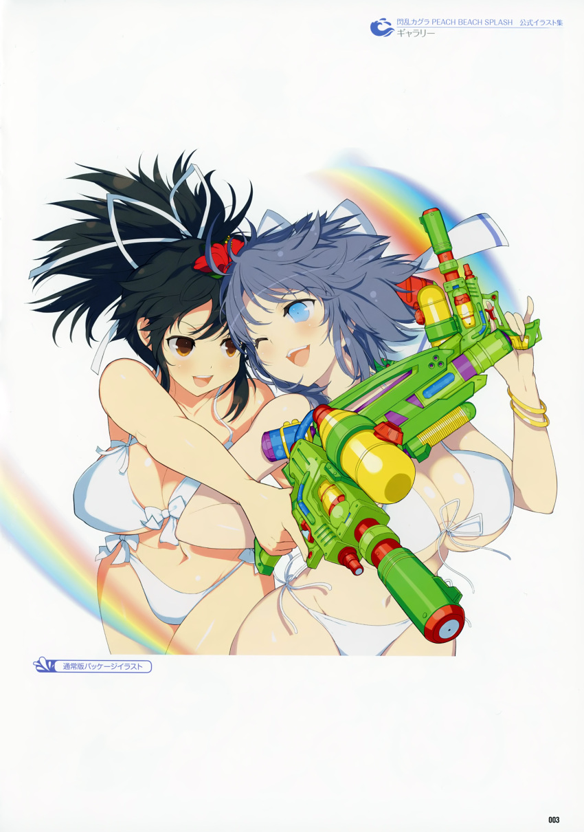 2girls :d ;d absurdres asuka_(senran_kagura) bare_arms bare_shoulders bikini blue_eyes blush bow bow_bikini bracelet breasts brown_eyes brown_hair cleavage flower front-tie_bikini front-tie_top grey_hair hair_flower hair_ornament hibiscus highres huge_filesize jewelry large_breasts multiple_girls navel official_art one_eye_closed open_mouth page_number rainbow scan senran_kagura_(series) senran_kagura_peach_beach_splash shiny shiny_skin side-tie_bikini simple_background smile swimsuit trigger_discipline water_gun watermark white_background white_bikini yaegashi_nan yumi_(senran_kagura)