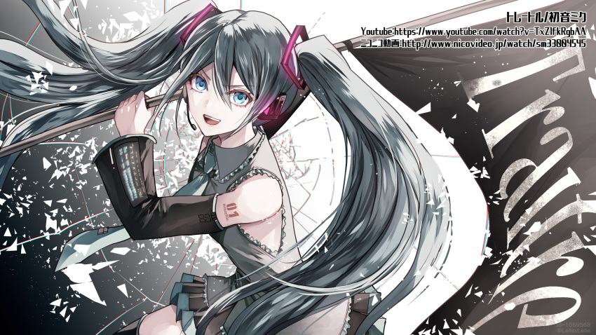 1girl :d black_legwear black_skirt blue_eyes detached_sleeves flag floating_hair french grey_shirt hair_between_eyes hatsune_miku headphones headset highres holding holding_flag long_hair microphone miniskirt number open_mouth pleated_skirt shirt skirt sleeveless sleeveless_shirt smile solo tattoo thigh-highs twintails very_long_hair vocaloid watermark z-epto_(chat-noir86)