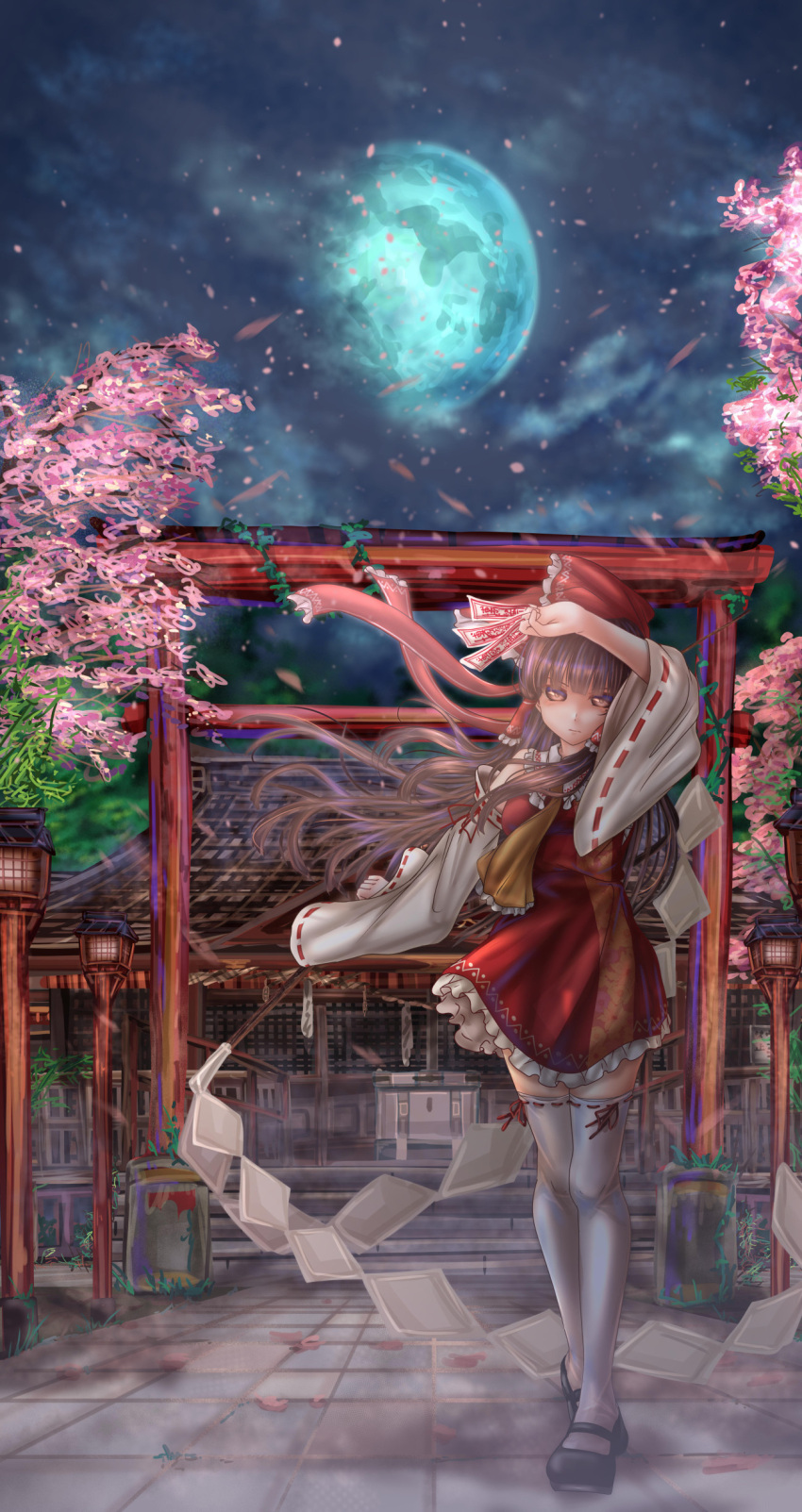 1girl absurdres architecture arm_above_head bangs between_fingers black_footwear blunt_bangs bow box brown_hair cherry_blossoms clouds cravat detached_sleeves donation_box east_asian_architecture expressionless frilled_skirt frills full_body gibbous_moon gohei hair_blowing hair_bow hair_tubes hakurei_reimu highres lantern long_hair looking_at_viewer mary_janes moon night night_sky ofuda outdoors outstretched_arm petals ponytail red_eyes red_skirt red_vest ribbon-trimmed_legwear ribbon-trimmed_sleeves ribbon_trim shoes shounen_(hogehoge) shrine skirt sky solo stairs standing stone_walkway thigh-highs torii touhou tree very_long_hair vest wind wooden_lantern yellow_neckwear