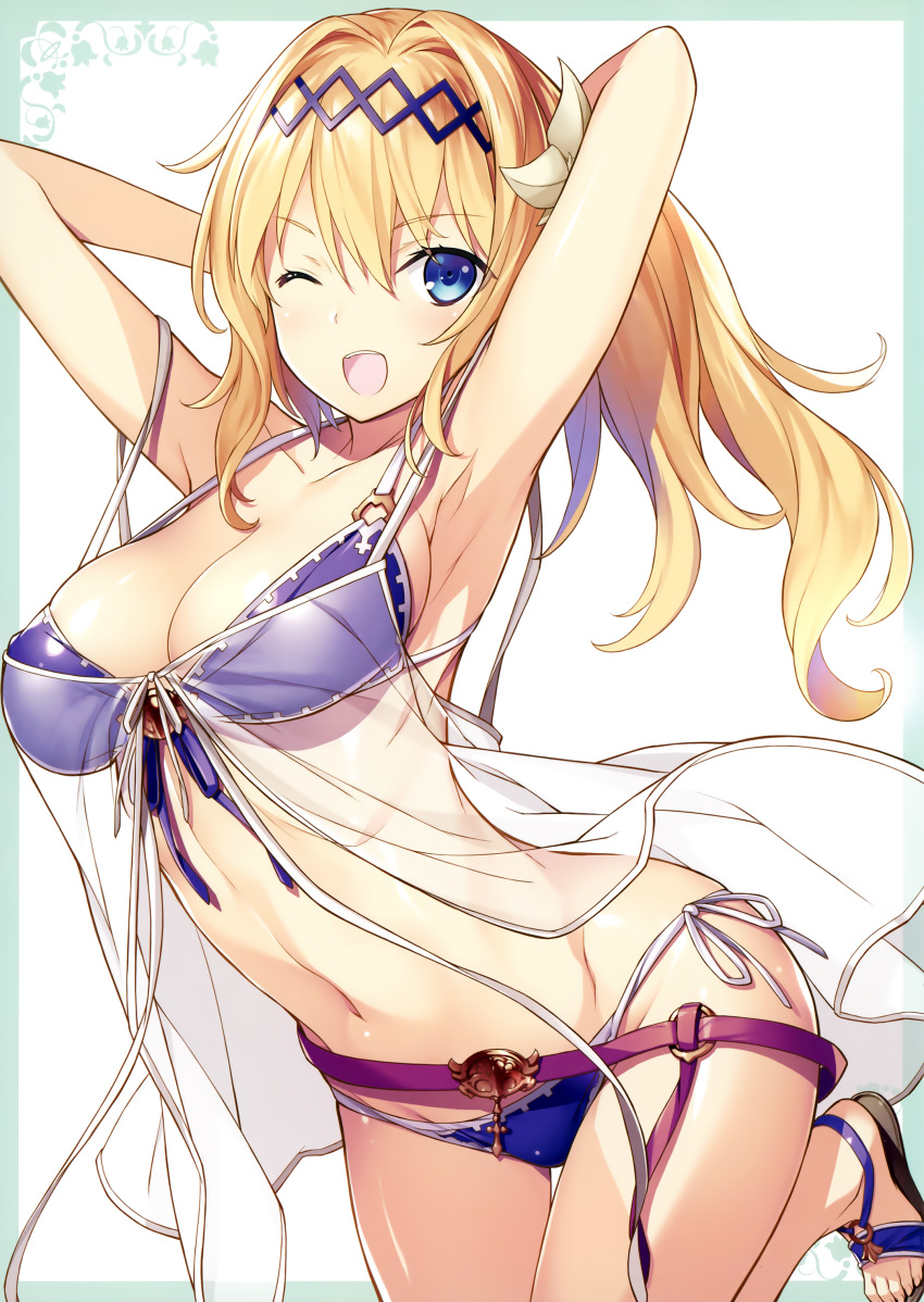 1girl absurdres armpits arms_behind_head arms_up babydoll bangs belt bikini blonde_hair blue_eyes blush breasts cleavage collarbone eyebrows_visible_through_hair flower front-tie_bikini front-tie_top granblue_fantasy hair_flower hair_ornament hairband highres jeanne_d'arc_(granblue_fantasy) kikuchi_seiji long_hair looking_at_viewer medium_breasts navel o-ring_bikini o-ring_top one_eye_closed one_leg_raised open_mouth sandals scan see-through shiny shiny_clothes shiny_skin side-tie_bikini simple_background smile solo swimsuit thighs white_background