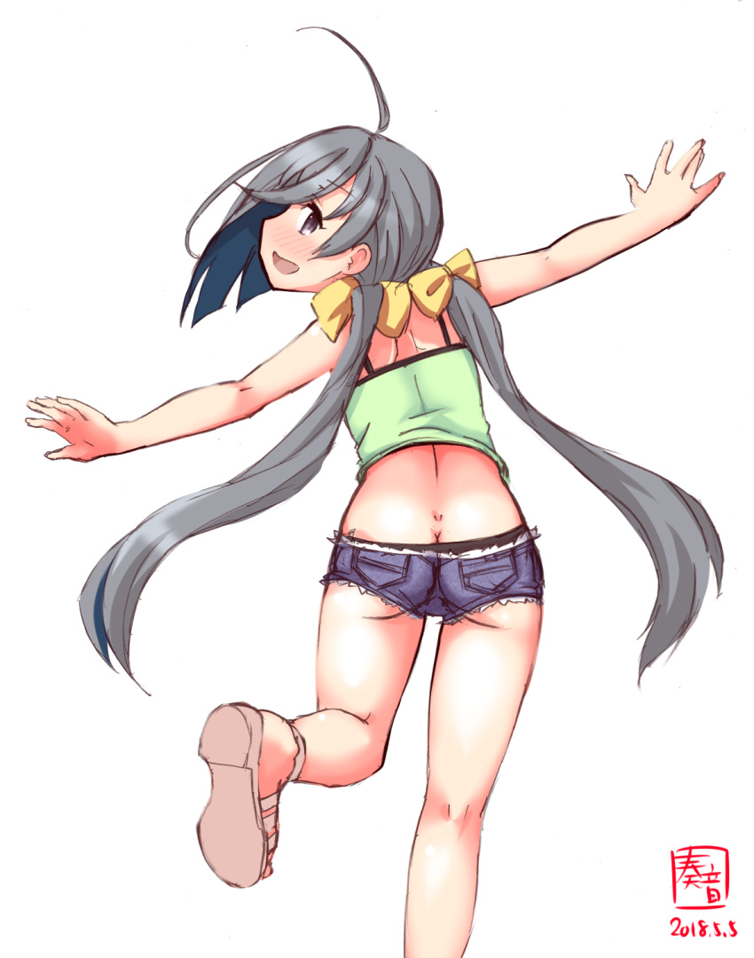 1girl ahoge alternate_costume artist_logo ass bow butt_crack casual commentary_request cowboy_shot dated denim denim_shorts dimples_of_venus from_behind grey_eyes grey_hair hair_between_eyes hair_bow halter_top halterneck highres kanon_(kurogane_knights) kantai_collection kiyoshimo_(kantai_collection) looking_at_viewer looking_back low_twintails midriff open_clothes outstretched_arms short_shorts shorts simple_background solo twintails white_background yellow_bow