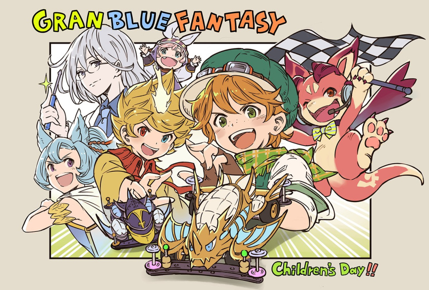 2girls 4boys alec_(granblue_fantasy) alternate_costume blonde_hair bow bowtie brown_gloves checkered checkered_flag copyright_name erune fang fingerless_gloves flag freckles glass glasses gloves granblue_fantasy green_hat hat heterochromia kodomo_no_hi leona_(granblue_fantasy) long_hair minaba_hideo multiple_boys multiple_girls noa_(granblue_fantasy) official_art open_mouth orange_hair outside_border screwdriver silver_hair simple_background smile spiky_hair syr_(granblue_fantasy) tan_background thelonim toy_car vee_(granblue_fantasy)